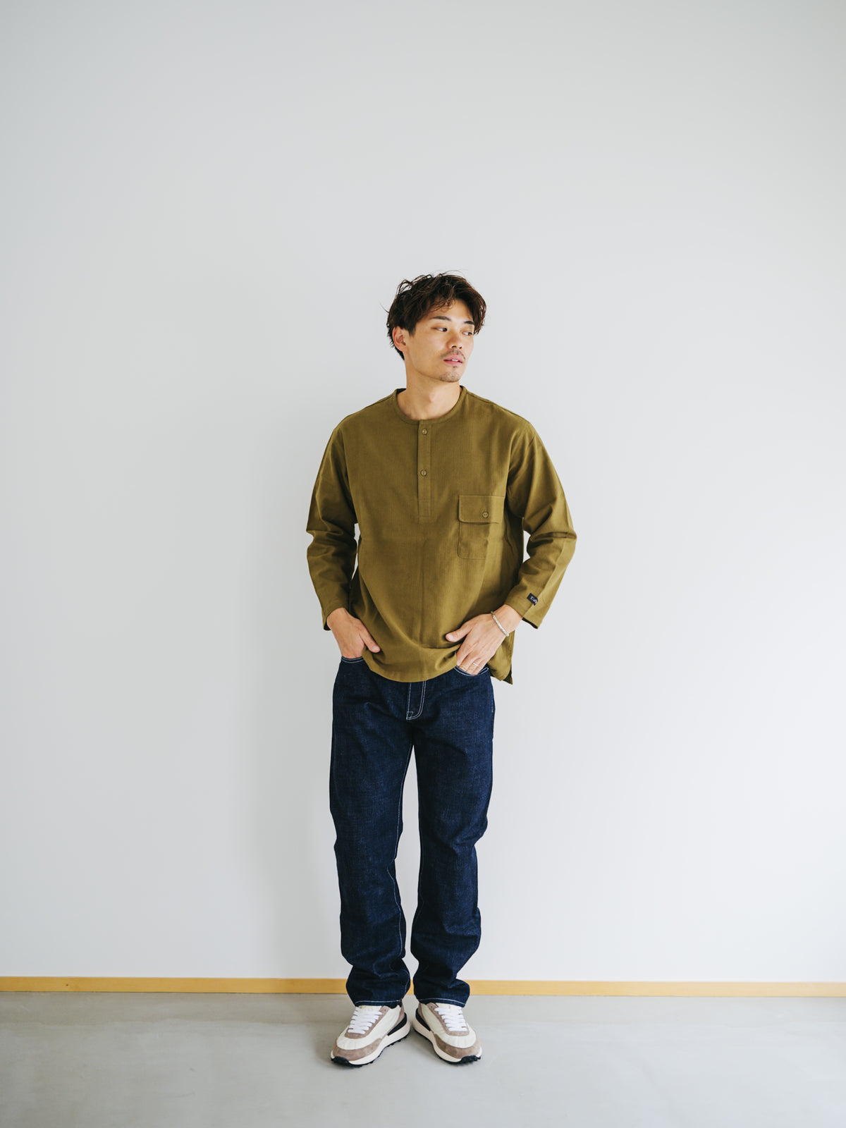 ノーカラー コットンシャツ